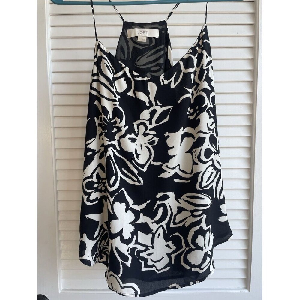 LOFT Black White Floral Sleeveless Blouse Small Layered Chiffon Tank Top